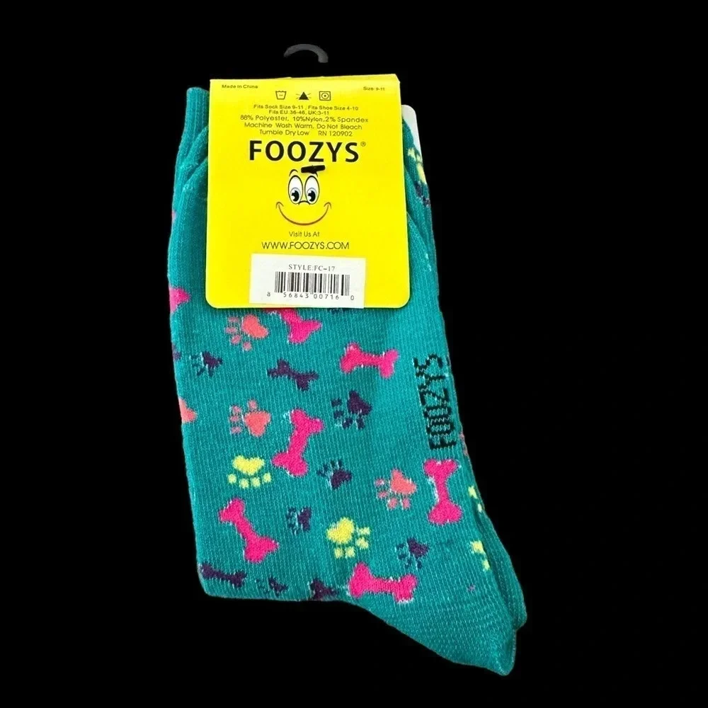 NWT Foozys Womens 9-11 Teal Dog Bone Pawprint Socks Crew‎ Novelty New Puppy Dogs
